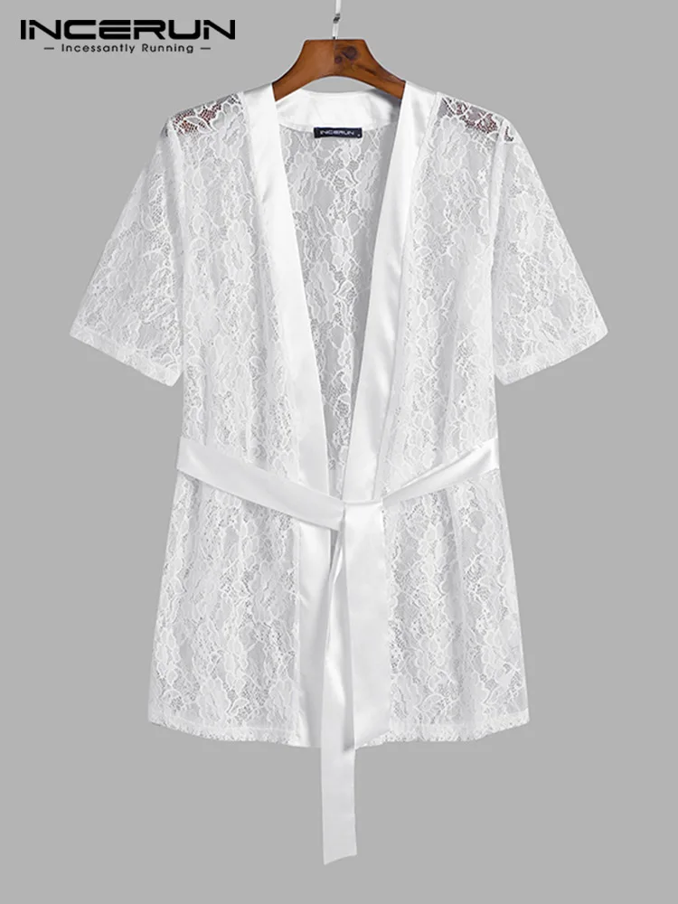New Men Mesh Robes Lace See-through Short Sleeve Sexy Leisure Bathrobes Belt Leisure Male Nightgown Homewear S-5XL INCERUN 2023