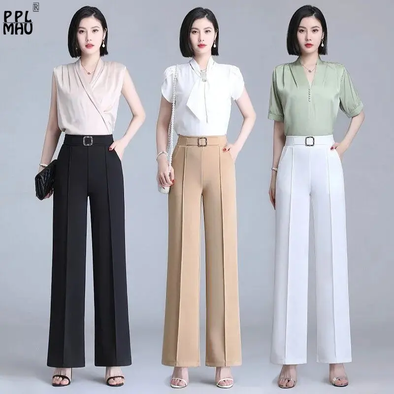 Classic Stretch Loose Thin Black Trousers New Formal Pantalones De Mujer Cintura Alta Office Lady Chic High Waist Wide Leg Pants