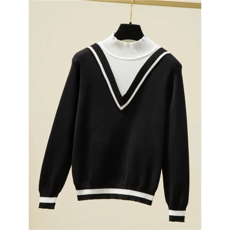 

Свитер с имитацией двух частей, Женская Корейская одежда, черный пуловер, свитеры, Топ с длинным рукавом, вязаный осенне-зимний полувысокий ...