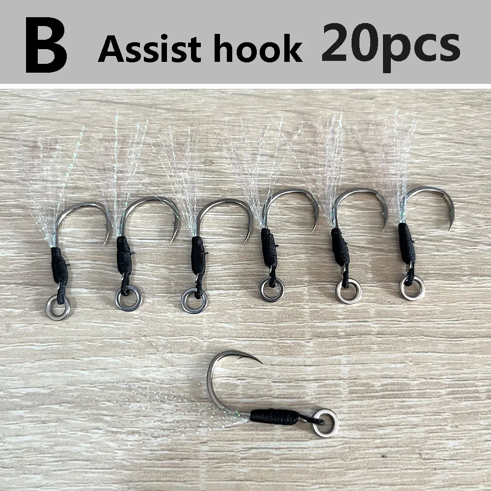 New 20pcs Solid Ring Assist Hook Metal Jig Hook Short/Long Black PE Line Feather Jigging Spoon Lure Hook Peche