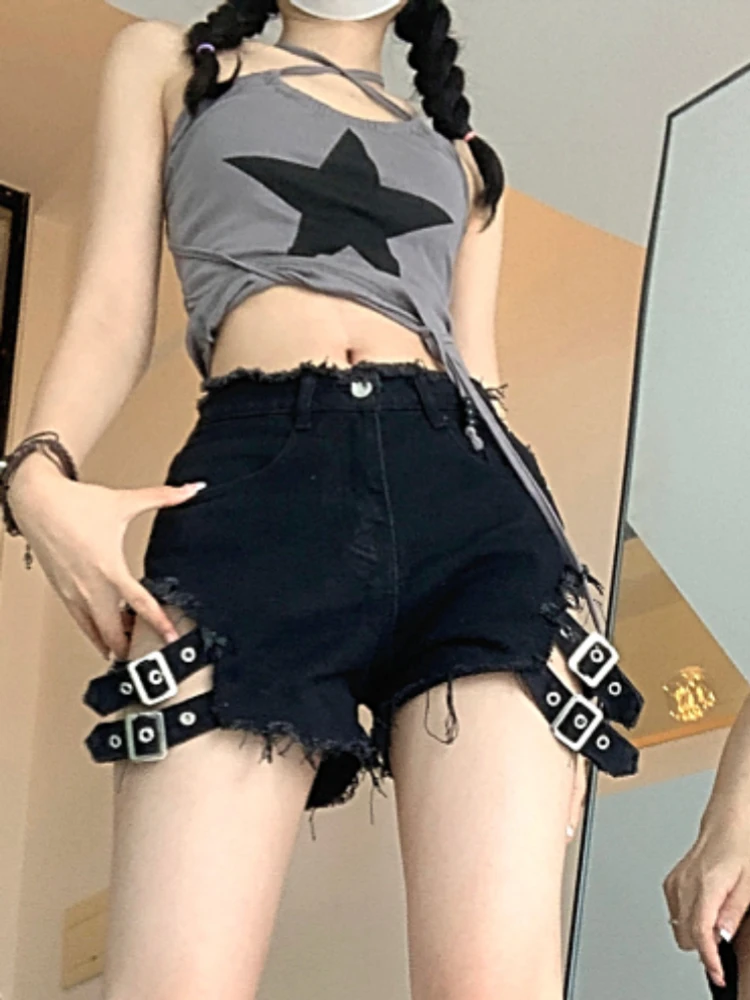 ADAgirl Punk Black Shorts Jeans Summer Low Wasit Short Pants High Street Wear Korean Fashion Emo Goth Grunge E-girl Bottoms 2023
