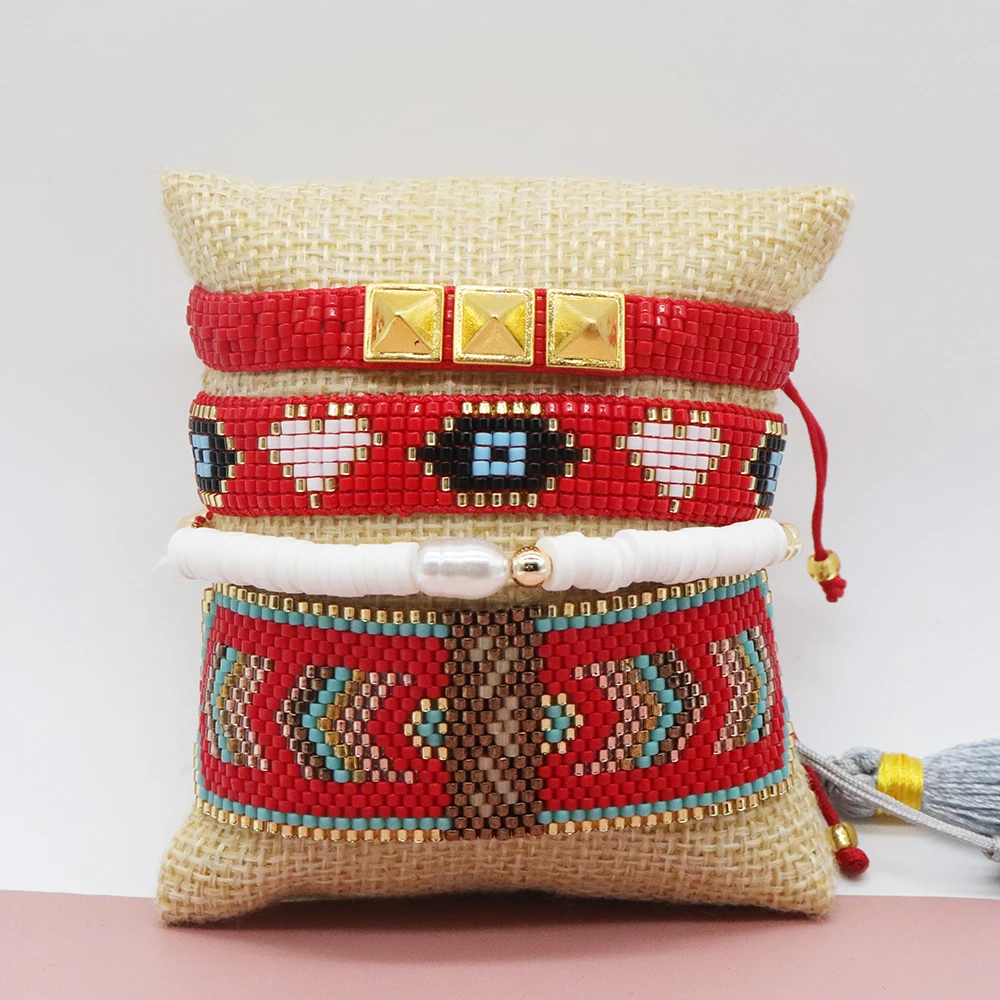 

New Arrival Fashion Red Miyuki Bracelet Set Luxury Evil Eye Heart Geometry Pattern Woven Bead Soft Clay Bracelet Set