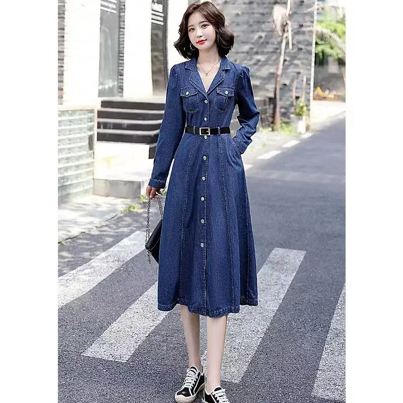 Джинсовое платье с длинными рукавами в стиле ретро для женщин весна/лето новый