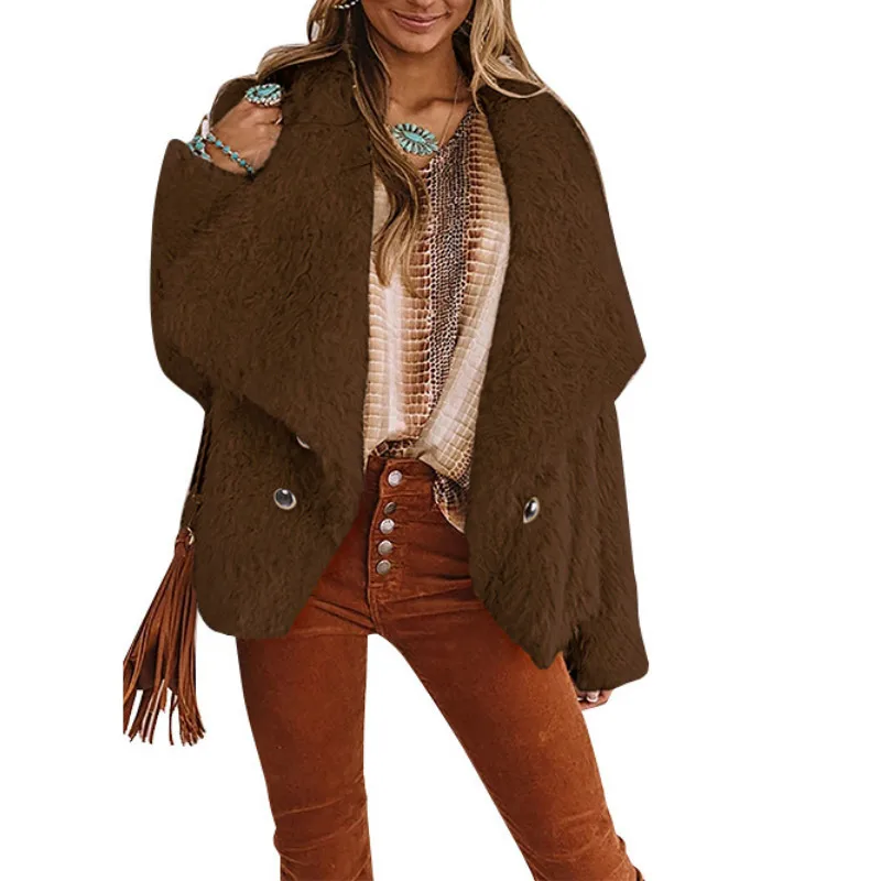 Women Button Casual Warm Outerwear Tweed Coat Mujer Solid Color Teddy Jacket Thick Faux Fur Lapel Collar Plush Overcoat Jackets