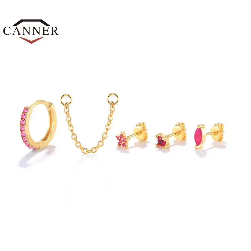 

CANNER 5pcs/set Rose Red Cubic Zirconia 925 Steling Silver Stud Earrings for Women Piercing Cartilage Round Earings Jewelry