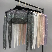 womens fashion rhinestones shawl bling cape flapper cover up summer sexy cutout short pullover long sleeve tops