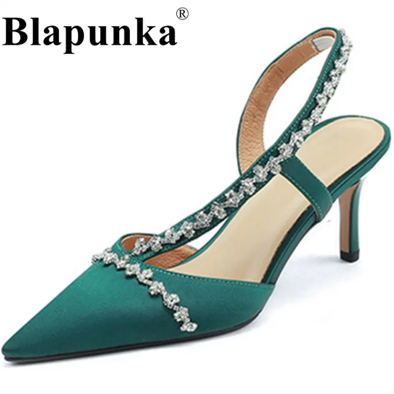 

Блестящие Зеленые туфли Blapunka на тонких высоких каблуках, женские туфли из сатина и шелка с острым носком, туфли-лодочки на шпильках с кристаллами, 40
