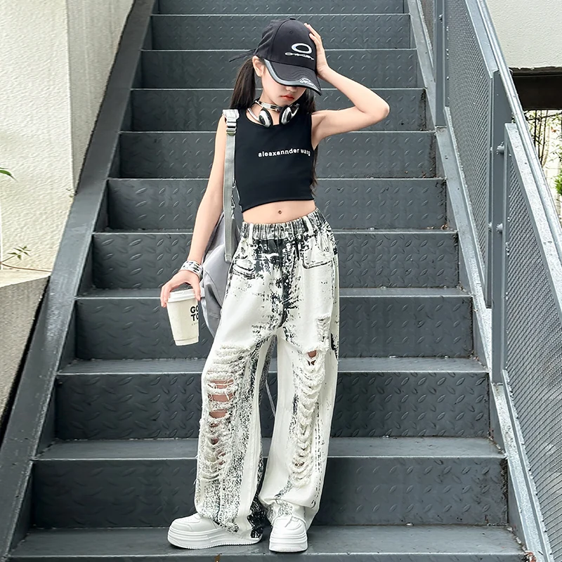 Джинсы с дырками для девочек 5-15 лет крупные рваные брюки широкими штанинами