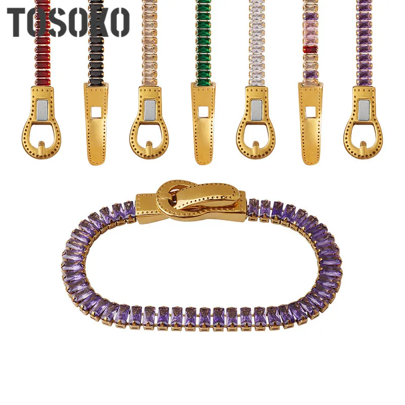 TOSOKO Stainless Steel Jewelry Colorful Zircon Double-Sided Iron Absorption Bracelet Women's Fashion Bracelet BSE335