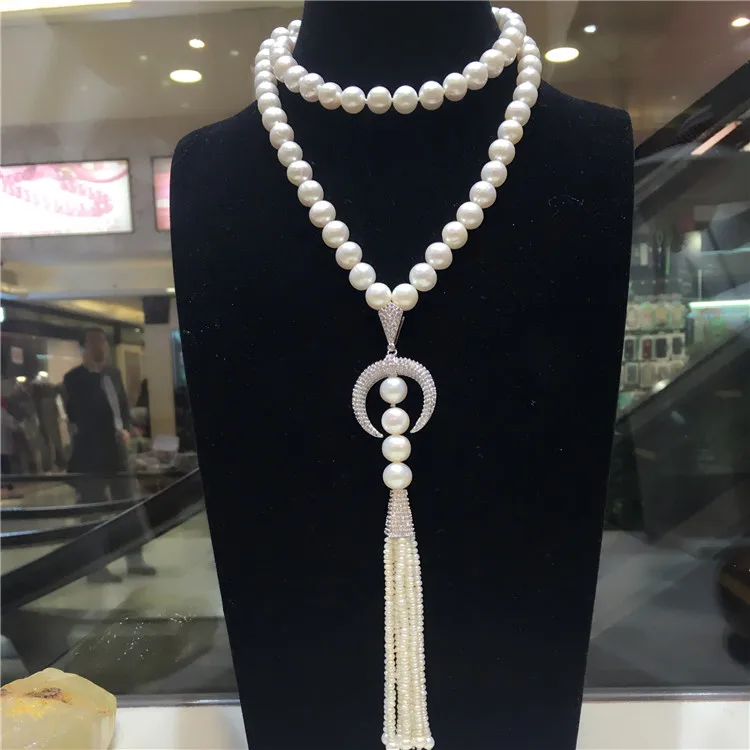 Hot sell new super - American 8-9mm natural white freshwater pearl necklace long sweater chain micro zircon fashion jewelry