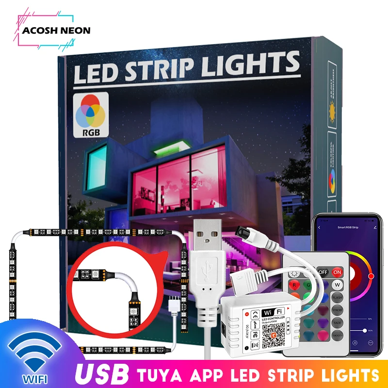 

USB Led Light Strip RGB Smart LED Strips TUYA Control Music Sync Color Changing Flexible Strips with 24 Keys Remote for 75 inch