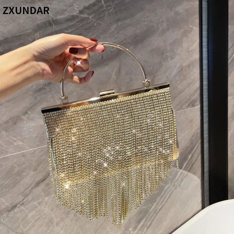 

Golden Tassel Diamonds Evening Clutch Bag Women Metal Handle Shiny Crystal Small Purses High Quality Chain Shoulder Bag Trending
