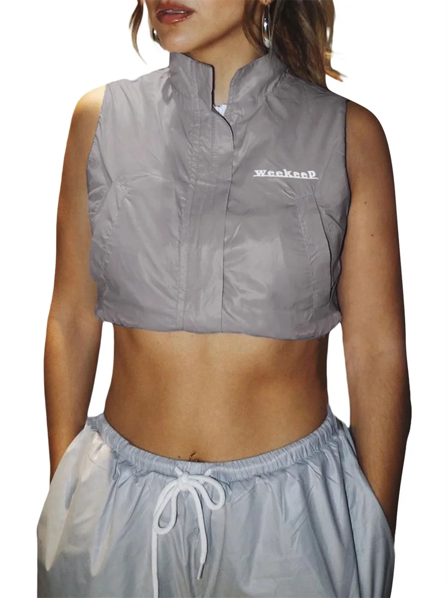 

Women's Zip Up Tank Tops, Fashion Sleeveless Stand Collar Letter Pint Windbreaker Crop Tops