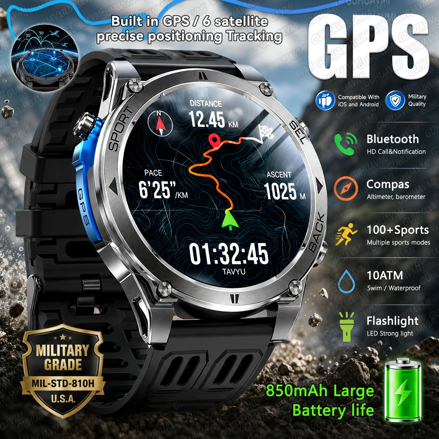 Фото Новые смарт-часы 2026 года: точное GPS-позиционирование, военный стандарт, аккумулятор 850 мАч, компас, водонепроницаемость 10ATM, измерение пульса, для мужчин, для плавания и спорта №1