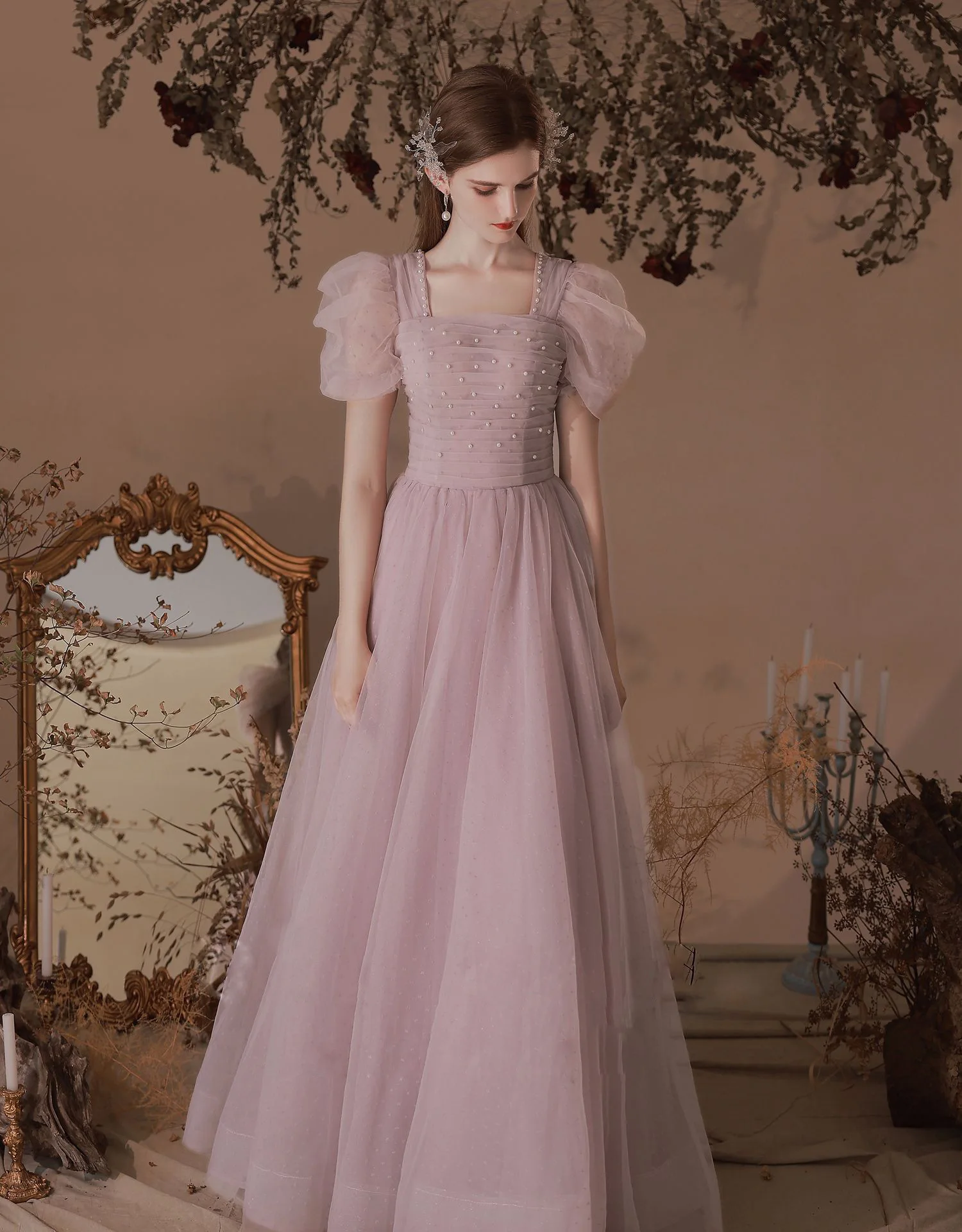 Women Sexy Pink Square Neck Puff Sleeve Peals Evening Dress Long A-line Tulle Prom Party Gowns Robe De Soiree