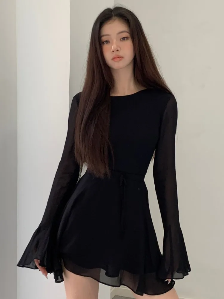 

Женское сексуальное платье с открытой спиной и длинным рукавом, Модное Новое Женское платье мини черного цвета, элегантное женское платье на шнуровке с круглым вырезом для выпускного вечера, 2023