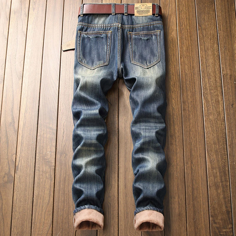 New Fashion Fleece Warm Jeans Men Autumn Winter Patchwork Ripped Straight Denim Trousers Retro Thick Hip Hop Casual Pants