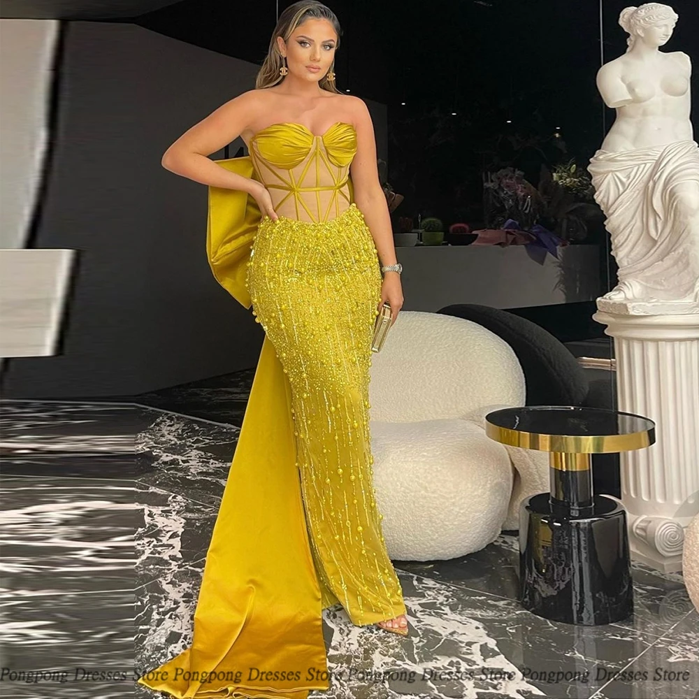 

High Quality Mermaid Evening Dresses Strapless Beading Print Big Bows Open Back Sexy Party Glitter Women Dress Vestidos De Fies