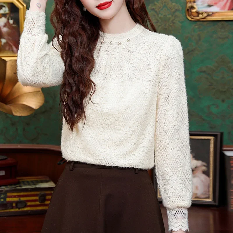 Новая кружевная женская блузка с круглым вырезом и бисером длинным рукавом