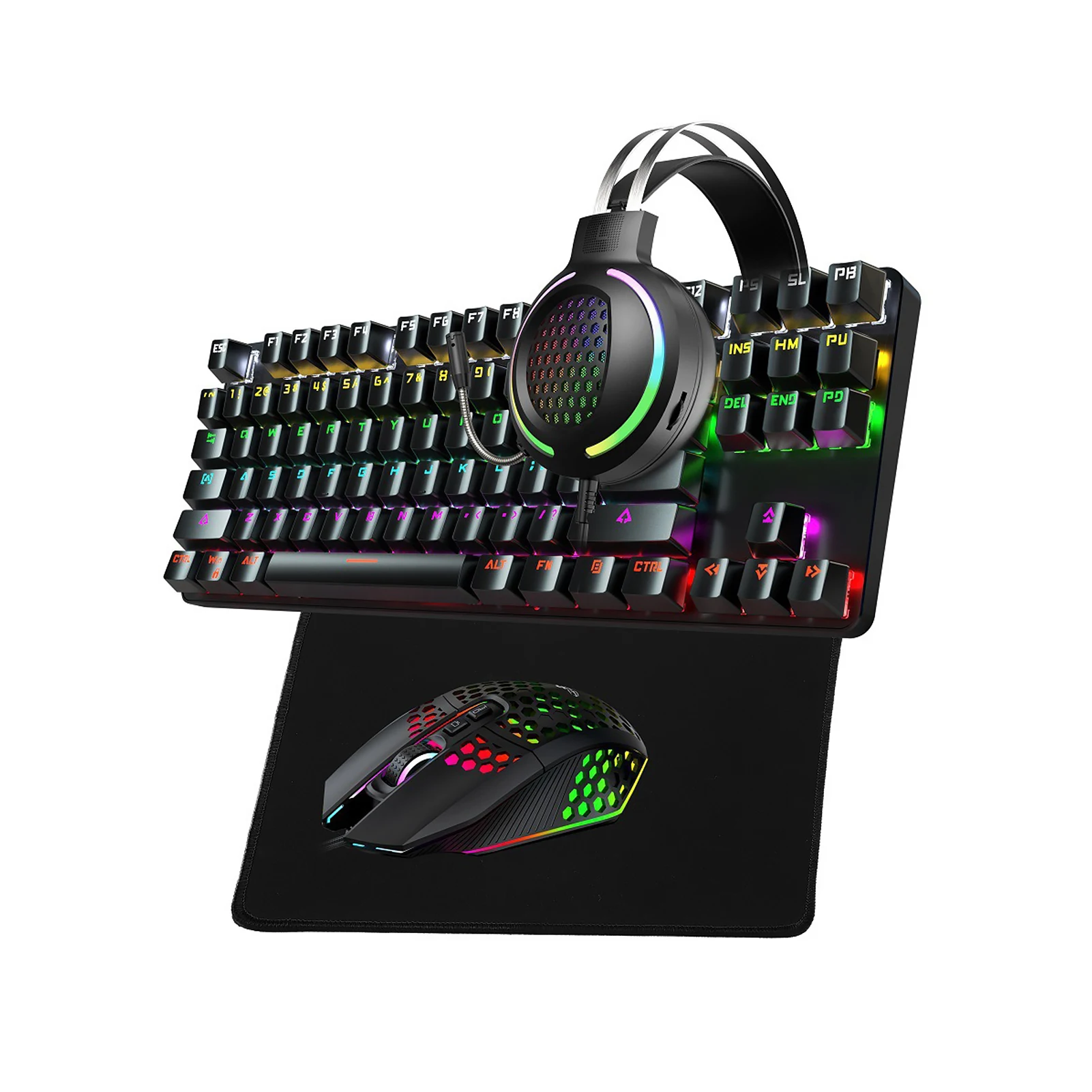 

USB Wired Combo Gaming Keyboard With Mouse Headphone Pad Gift Mechanical Office Mute RGB Backlit PBT PC 87 Keys
