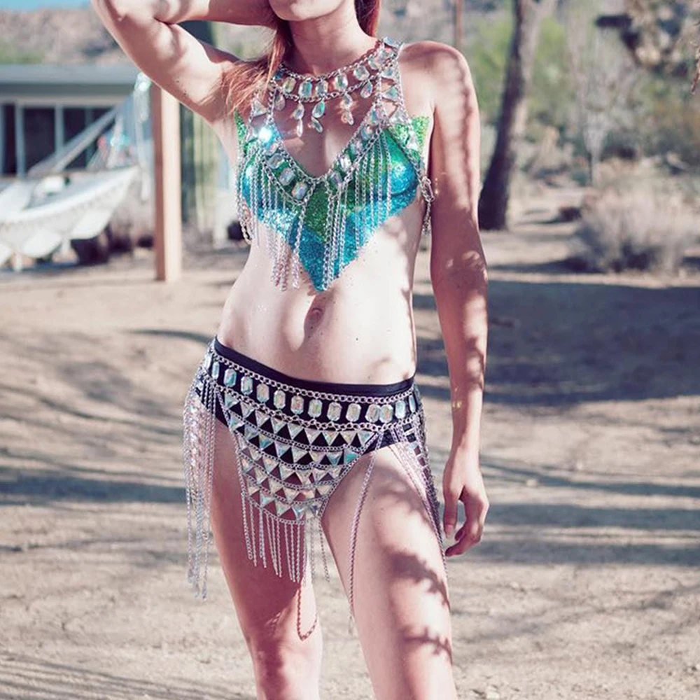 

Crystal Gems Women 2 Piece Outfit Backless Sexy Tops See Through Mini Skirt Tassels Beach Bikini Body Chain Set Rave Festival
