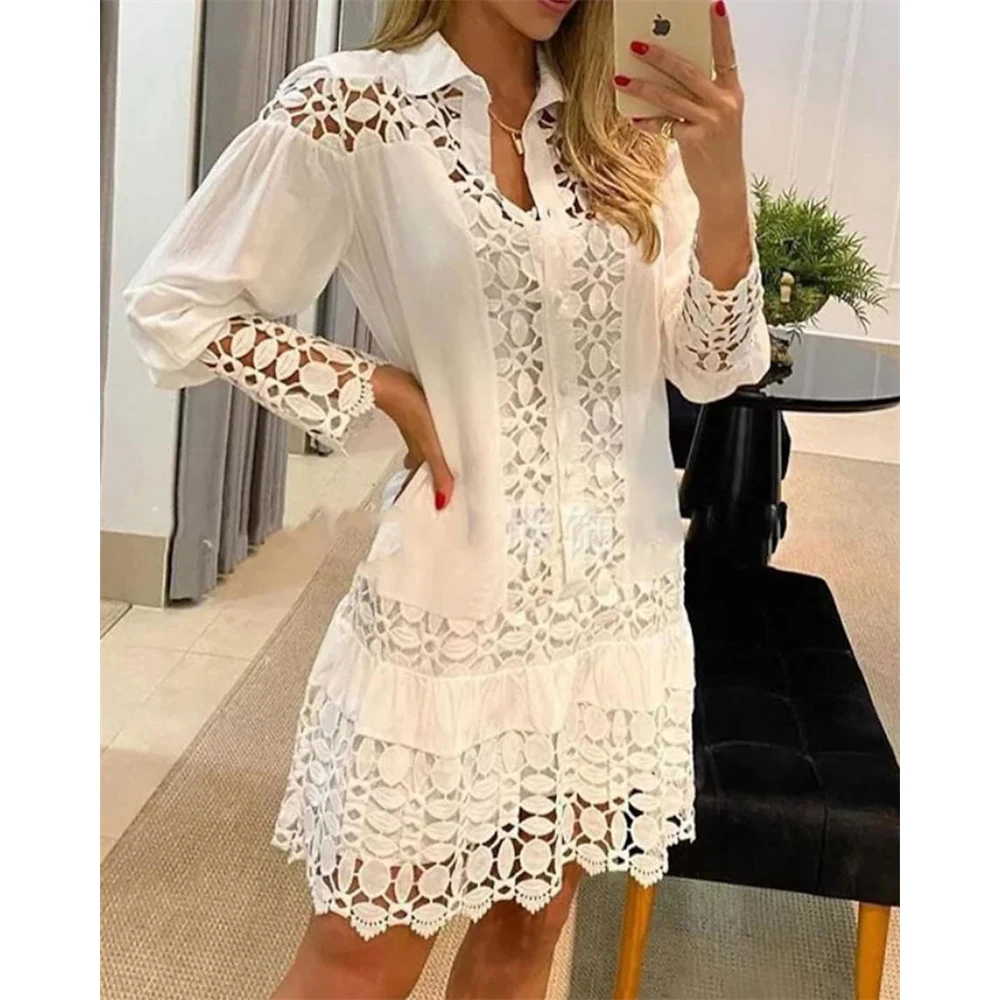 

2022 Autumn Guipure Lace Patch Shirt Dress With Cami Dress Turn Down Collar Long Sleeve White Lace See Through Sexy Mini Dress