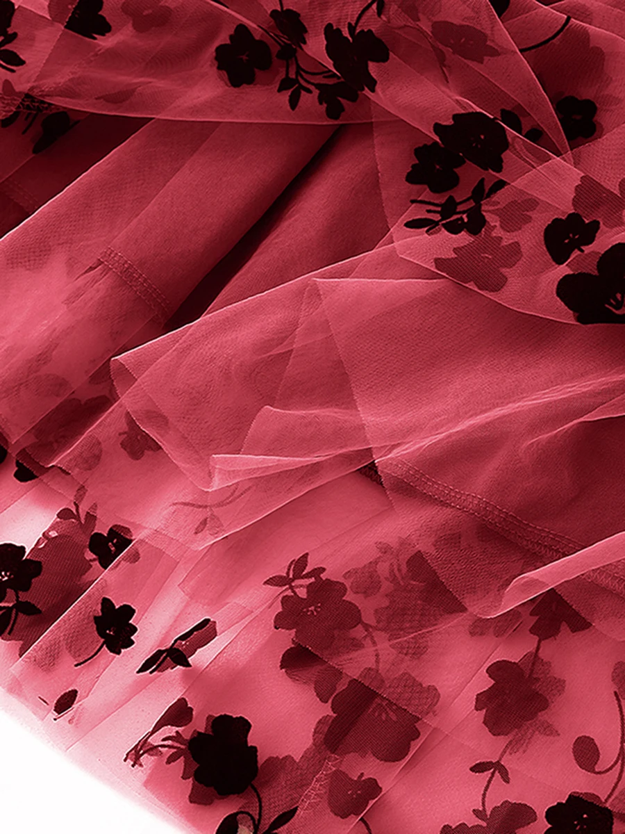 Women’s Tulle Long Skirt Vintage High Waist Flocked Floral Print Midi A-line