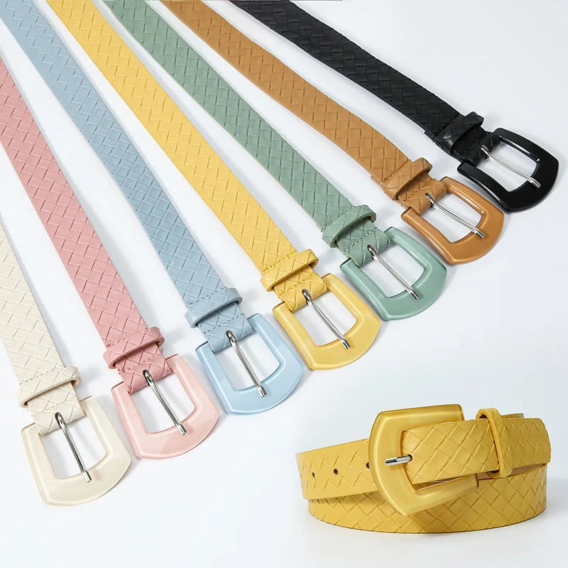 

New Solid Color Grassmat Pattern Belt PU Leather Waist Belt Women Imitation Woven Dress Jeans Waistbands Alloy Pin Buckle DIY