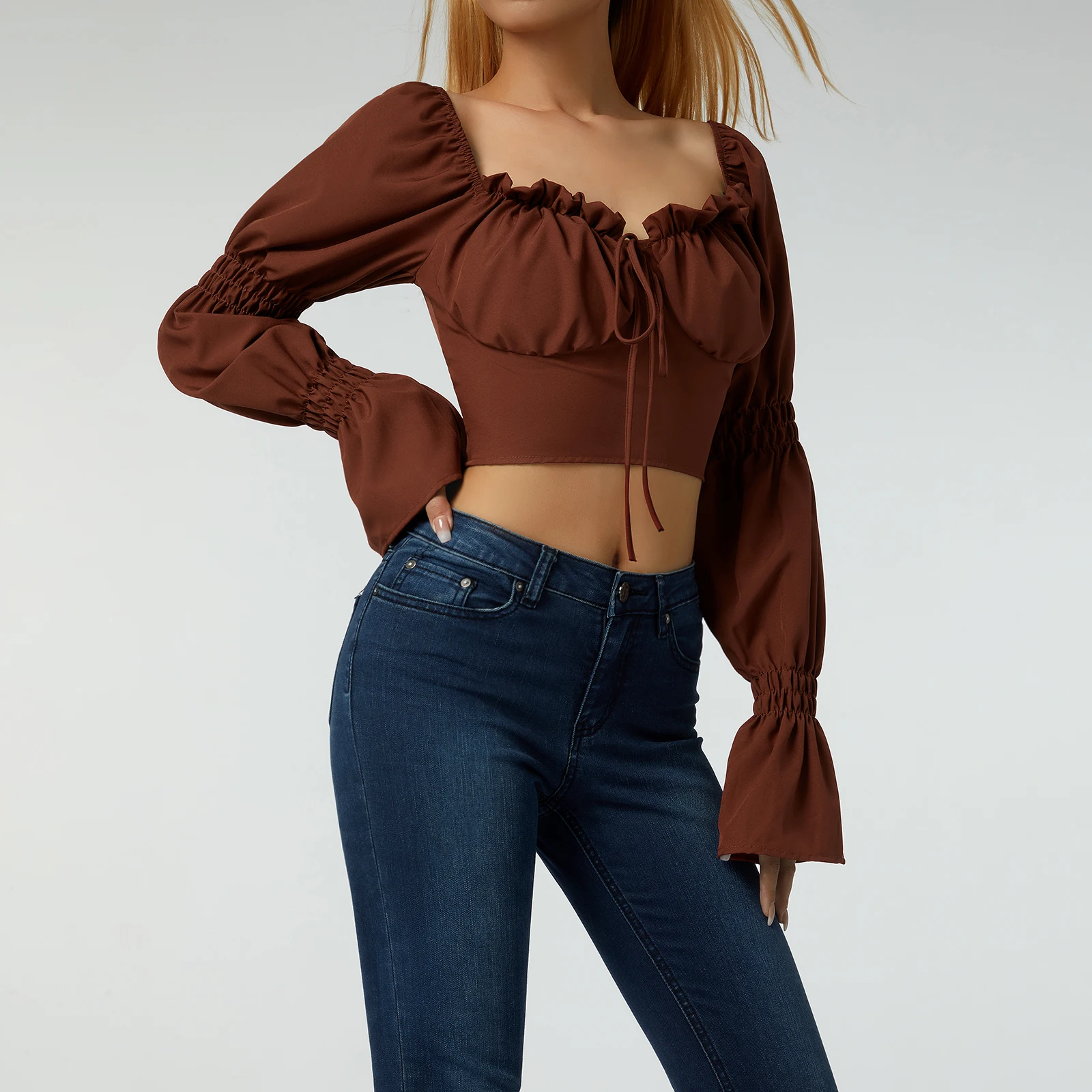 

Women Sexy Short Top Shirt Long Puff Sleeve Plain And Pleated Low Chest Crop Tops Ladies Sexy Strappy Navel Shirt Streetwear Y2k
