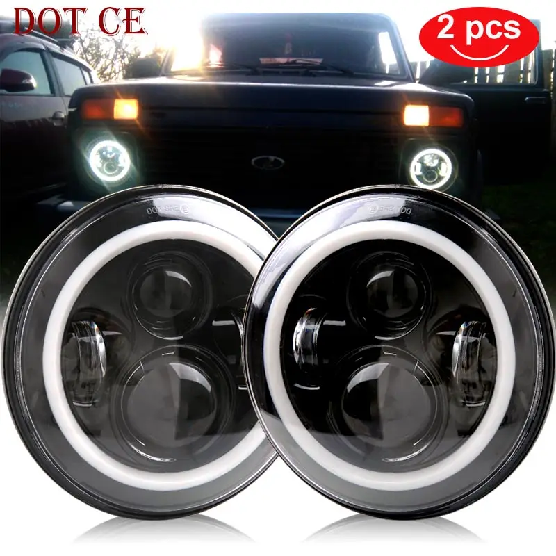 

2pcs 7 Inch Round Halo Led Headlight for Lada Niva 4x4 Jeep Wrangler Unlimited JK 7" DRL Angle Eyes led Projector headlamp