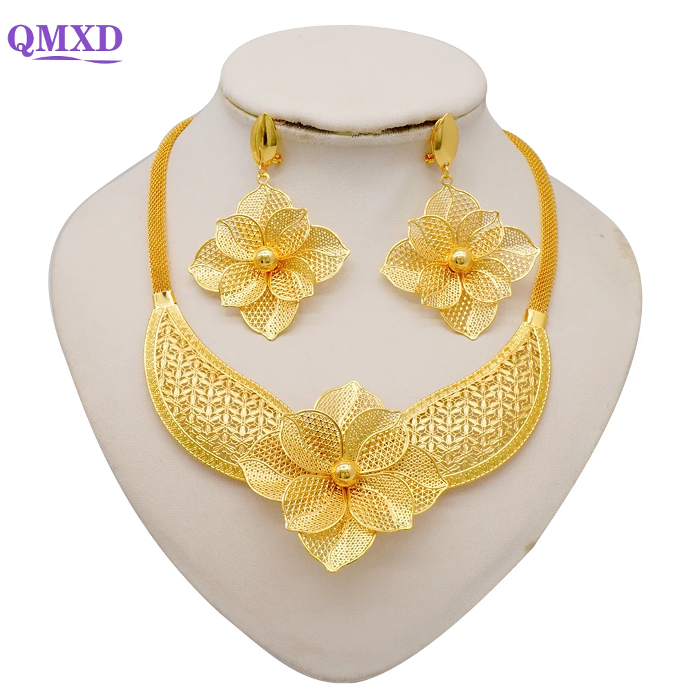 

African Jewelry Sets For Women Flower Hollow Out Necklace Earring Dubai Gold Color Jewelry Party Ethiopian Bridal Jewellery