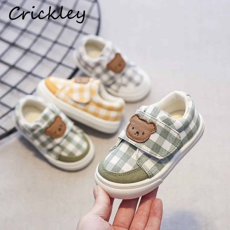 

Cartoon Bear Baby Girls Boys Canvas Shoes Plaid Breathable Sneakers For Kids Toddler Non Slip Soft Children School Shoes
