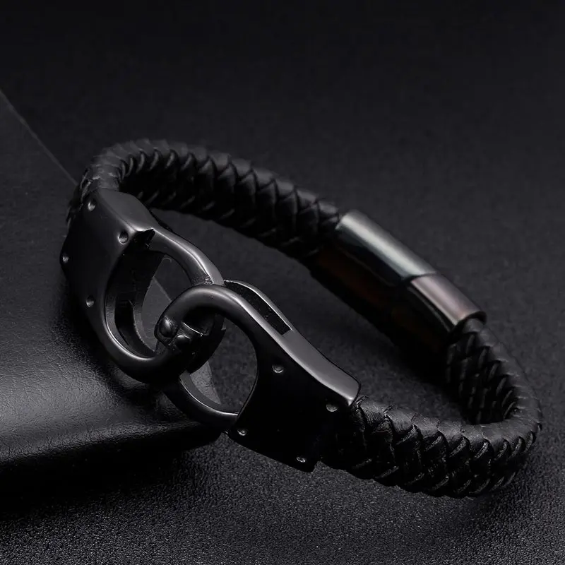 

Black Genuine Leather Vintage Braided Charm Cuff Bracelets Trendy Handcuffs Stainless Steel Men Bracelets Bangles Sporty Jewelry