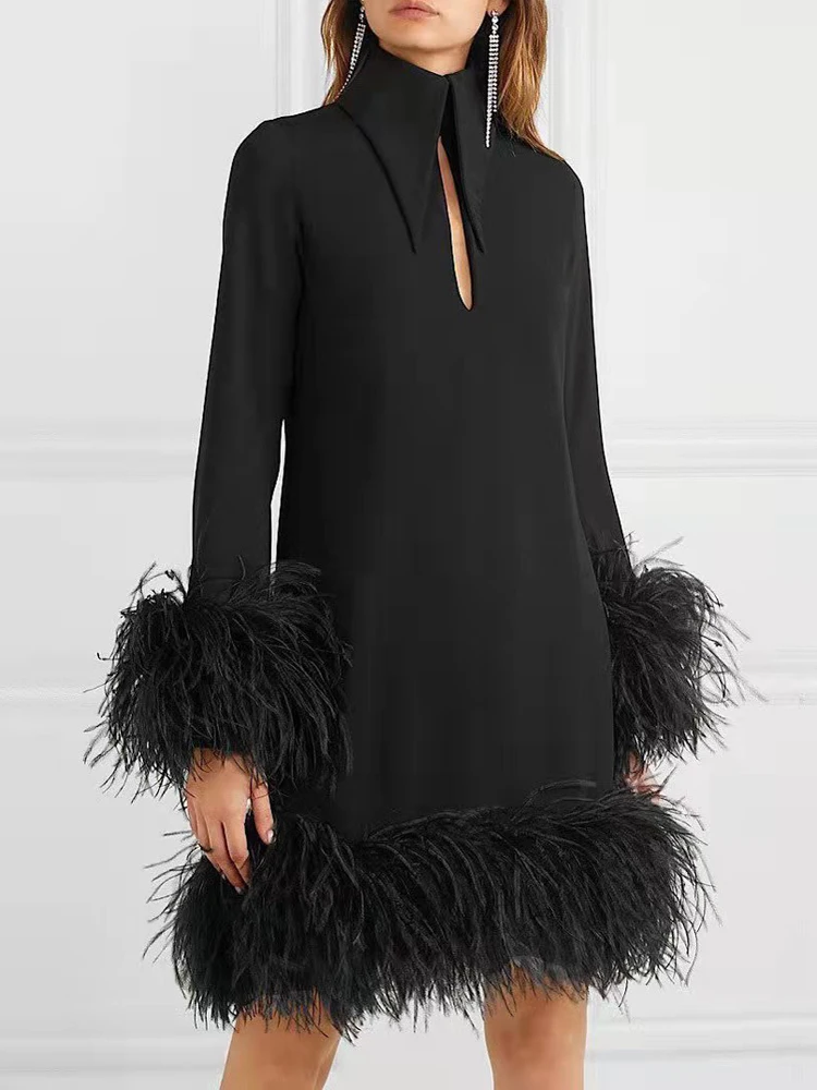

2023 Summer Polo Neck Furry Party Dress Women Elegant Patchwork Feather Mini Dress Spring Long Sleeve Office Lady Dress Vestidos