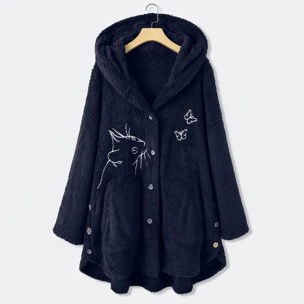 

Women Hoodie Coat Stylish Cat Pattern Hooded Women Hoodie Coat Warm Plush Women Winter Coat