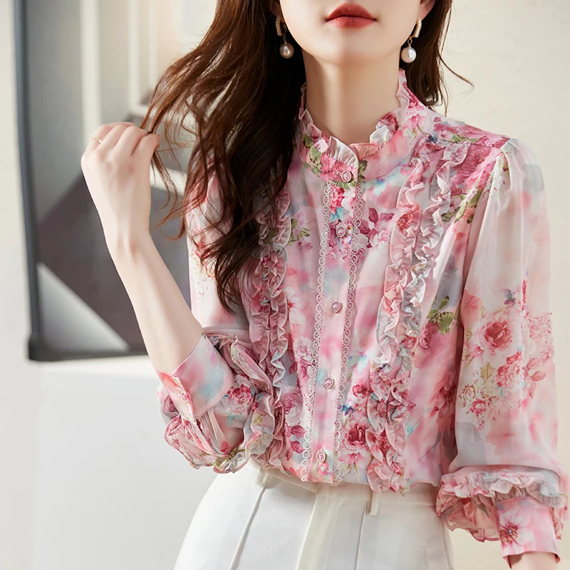 

Stylish Lantern Sleeve Spliced Printed Folds Ruffles Shirt Female Clothing 2023 Spring Summer New Casual Tops Loose Sweet Blouse