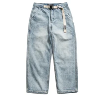 spring new mens light color washing used casual style wide leg straight tube american jeans mens pants japanese retro