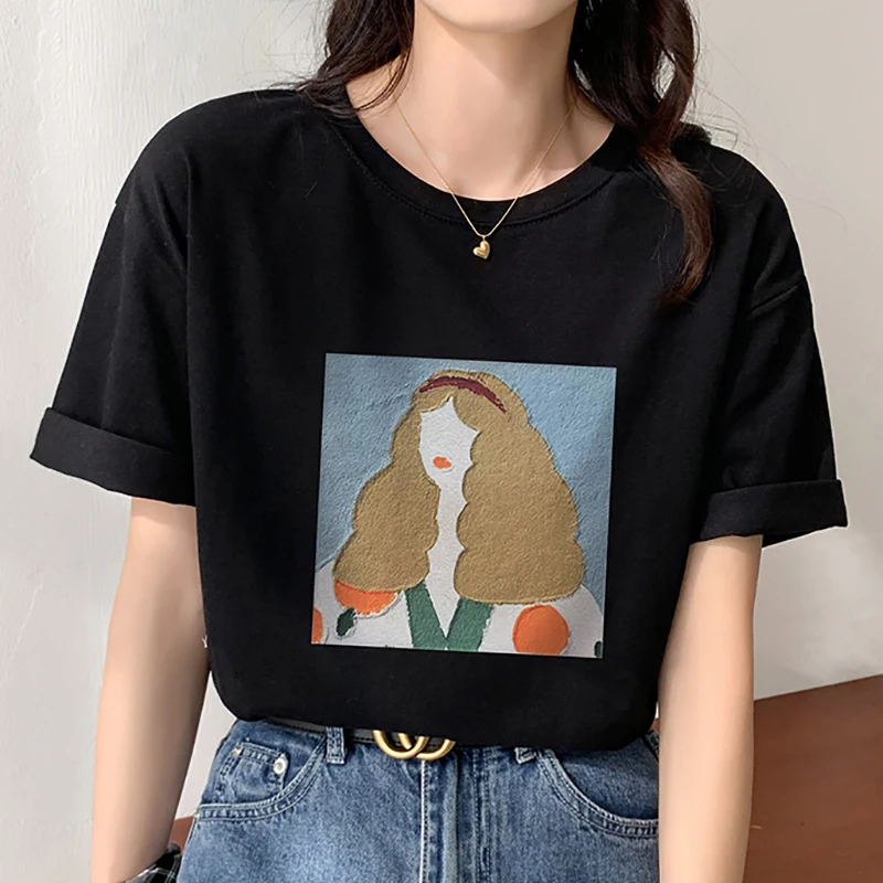 

Women's Summer Fashion T Shirts O Neck Loose Thin Short Sleeve Tee Shirts Femme Cotton Black Print Cartoon Casual Tops Female