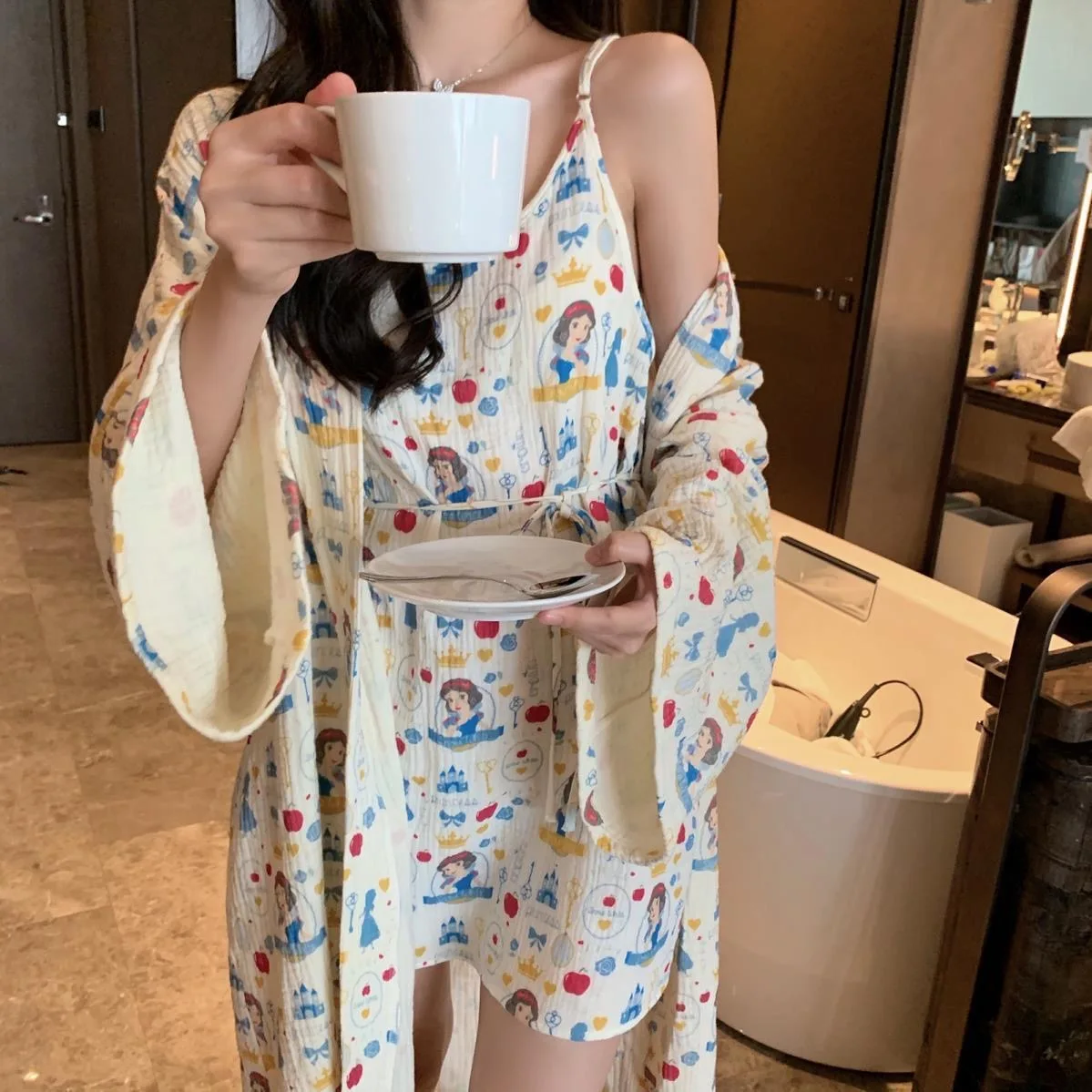 

100% марлевая Хлопковая женская ночная рубашка в японском стиле кимоно Ночная рубашка принцесса простой домашний комплект удобный комплект из 2 предметов