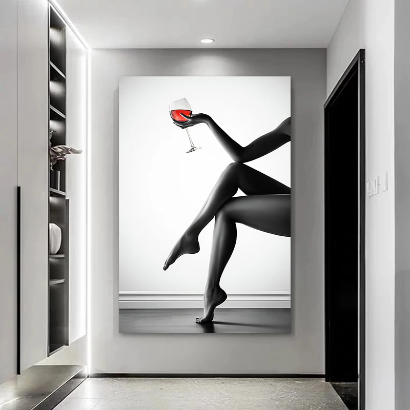 Черно-белые сексуальные женские постеры в виде очков красного вина современные