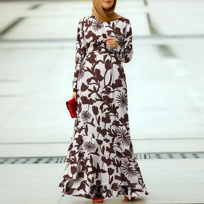 Boho Floral Print Muslim Long Dress Ruffle Hem Robe Muslim Dresses Abaya Dress Womens Indian Islamic Women Clothing Regulai Fit