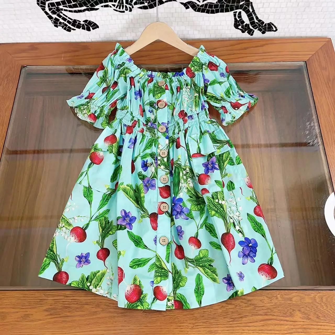 

JICUSYAN Green Cute Dress High-end Children Clothing 2023 Summer New Girl Print Vintage Flower Vegetable Sicily Princess Balloon