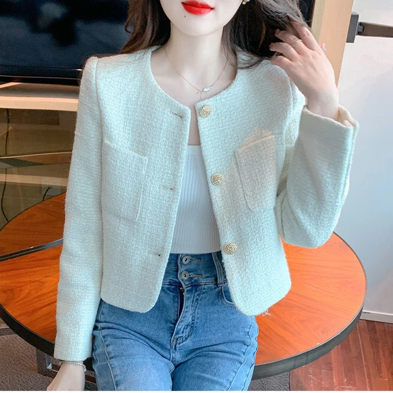 Куртка женская твидовая однобортная Модный укороченный пиджак в Корейском стиле