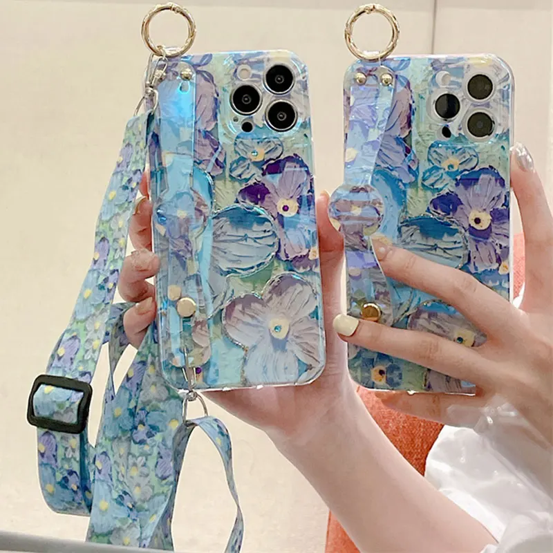 

Wrist Strap Lanyard For Huawei Y9s Y7A P50 P40 P30 Mate 30 40 Pro Flower Diamond Case For Honor X10 X30 30i V30 V40 9X Pro Cover