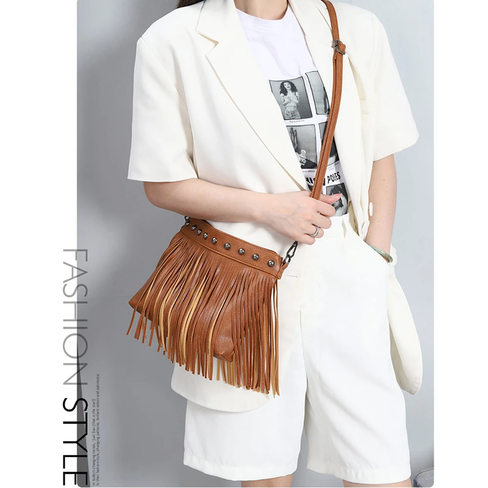 Vintage PU Leather Crossbody Bags Women Luxury Designer Rivet Tassels Shoulder Bag Fashion Versatile Ladies Handbags Domil105