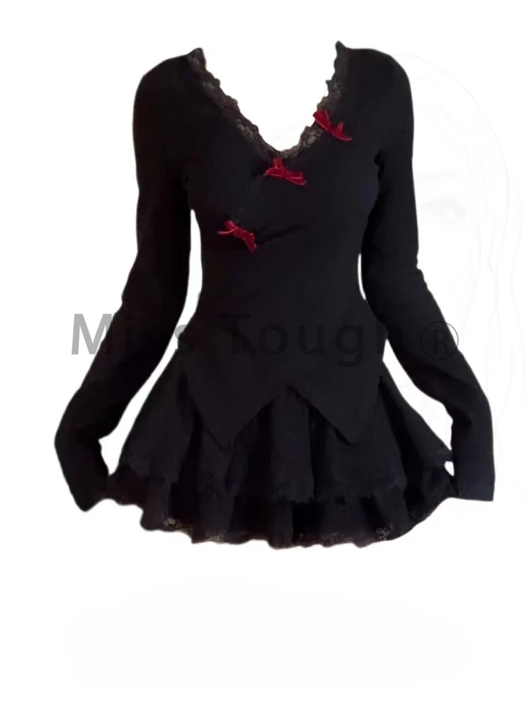 Японская мода сексуальный стиль черный ретро комплект из 2 предметов топы с