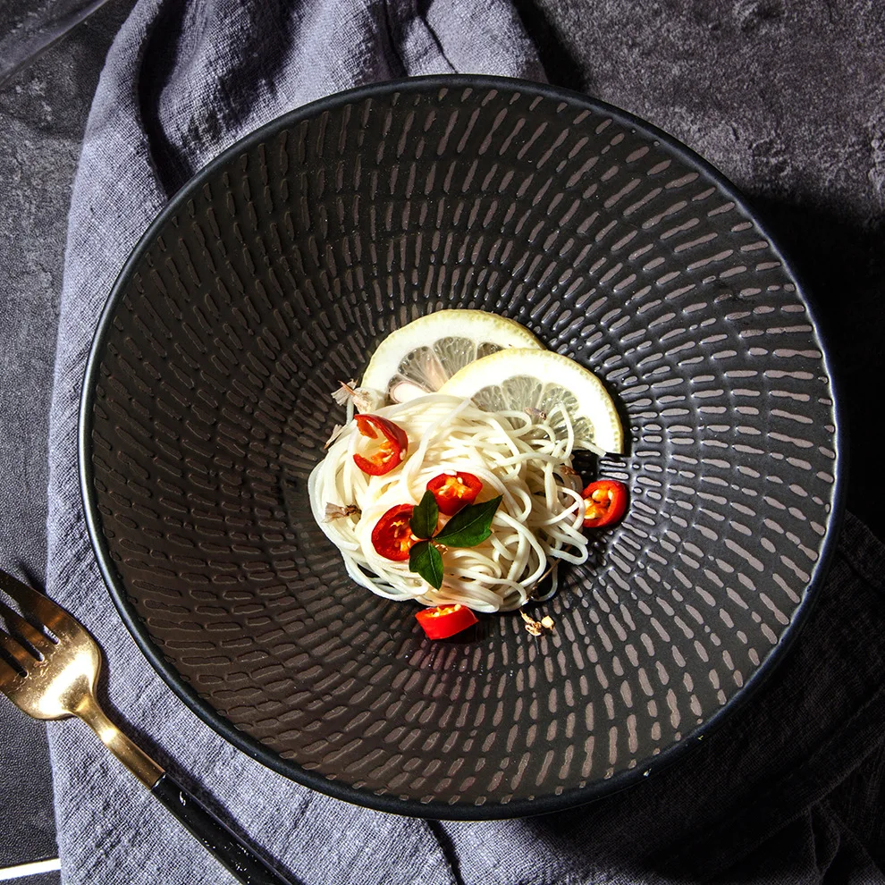 

Japanese tableware restaurant noodle soup bowl 7 inch black retro striped ceramic round deep noodle bowl