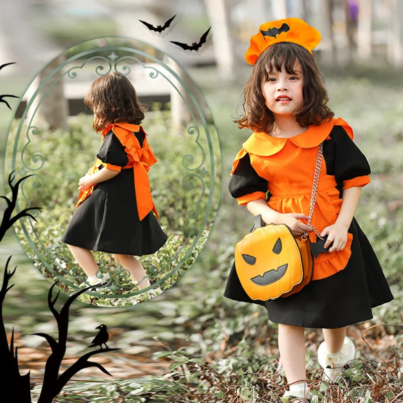 

Оранжевый костюм горничной летучая мышь для детей, косплей-платье в виде тыквы для Хэллоуина для девочек, детские костюмы с призраками, праздничные платья стандартной длины