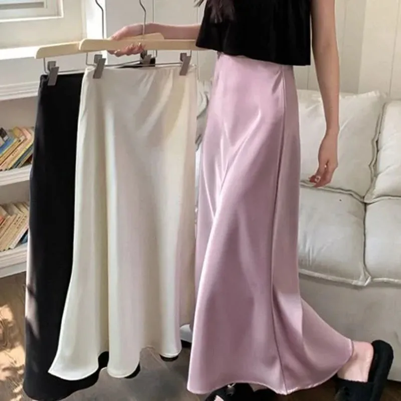 

Elegant Silk Satin Long Skirt for Women Fashion High Waist Midi Skirts Woman Korean All-Match OL Mermaid Skirts