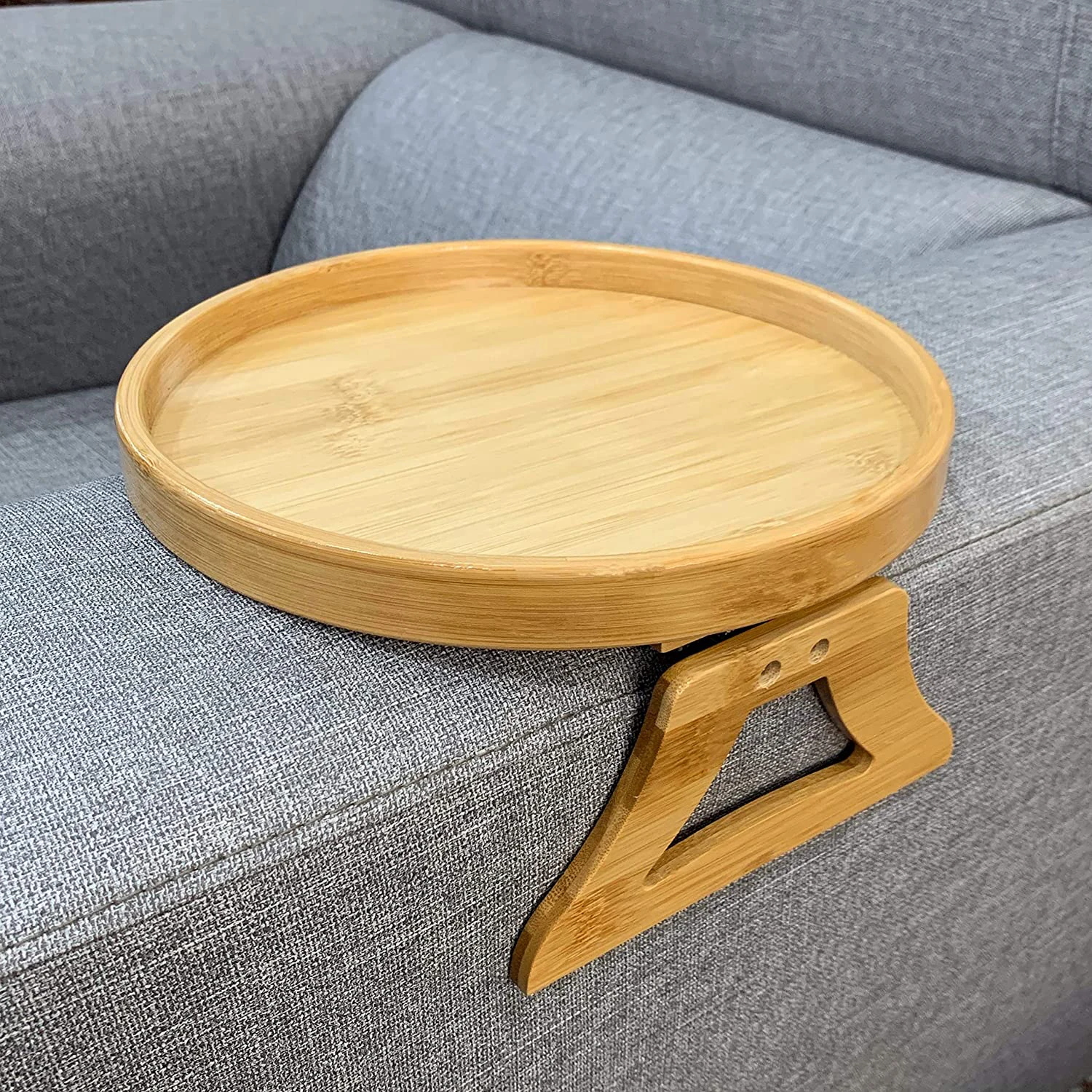 

Side Tables Natural Round Tray Bamboo Sofa Armrest Clip-On Tray Solid Wood Dessert Tea Holder Ideal For Remote/Drinks/Phone